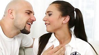 Petite brunette teen Kharlie Stone banged by huge cock Thumbnail